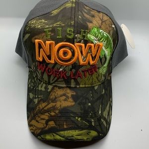 FISH NOW WORK LATER FISHING FISHERMAN BASS BASEBALL CAP HAT Gray & CAMO